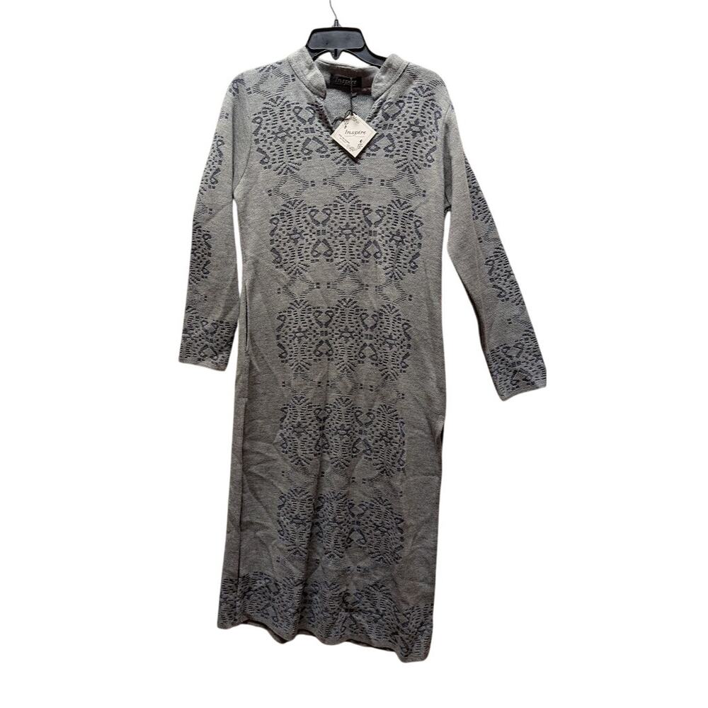 Inspire Cotton Jacquard Dress Pocket Gray Medium Long Sleeve Side Slits Tunic
